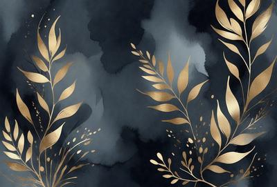 The primary subject of the image is a gold leaf pattern, which is displayed on a black background. The visual style of the image is a combination of digital art and illustration, creating a unique and eye-catching design. The dominant colors in the image are gold and black, giving it a sophisticated and elegant appearance.